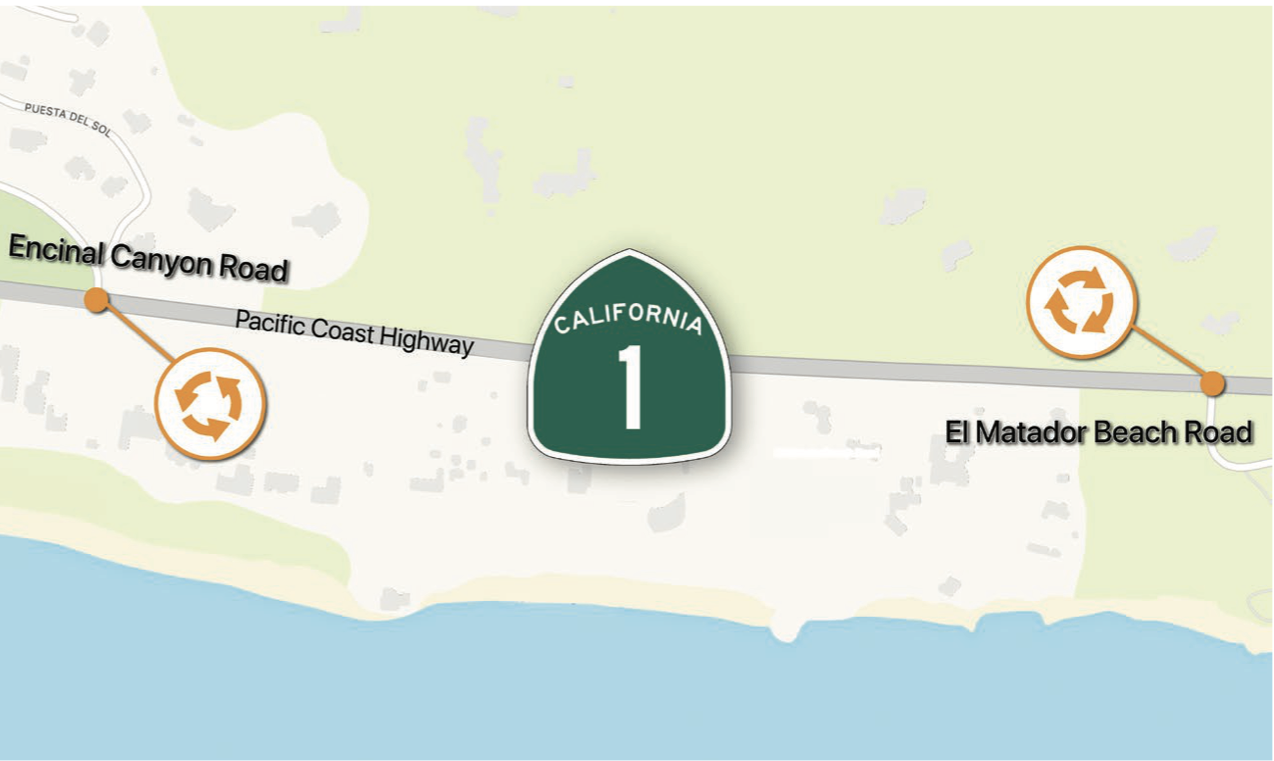 Location of roundabouts on a map of PCH